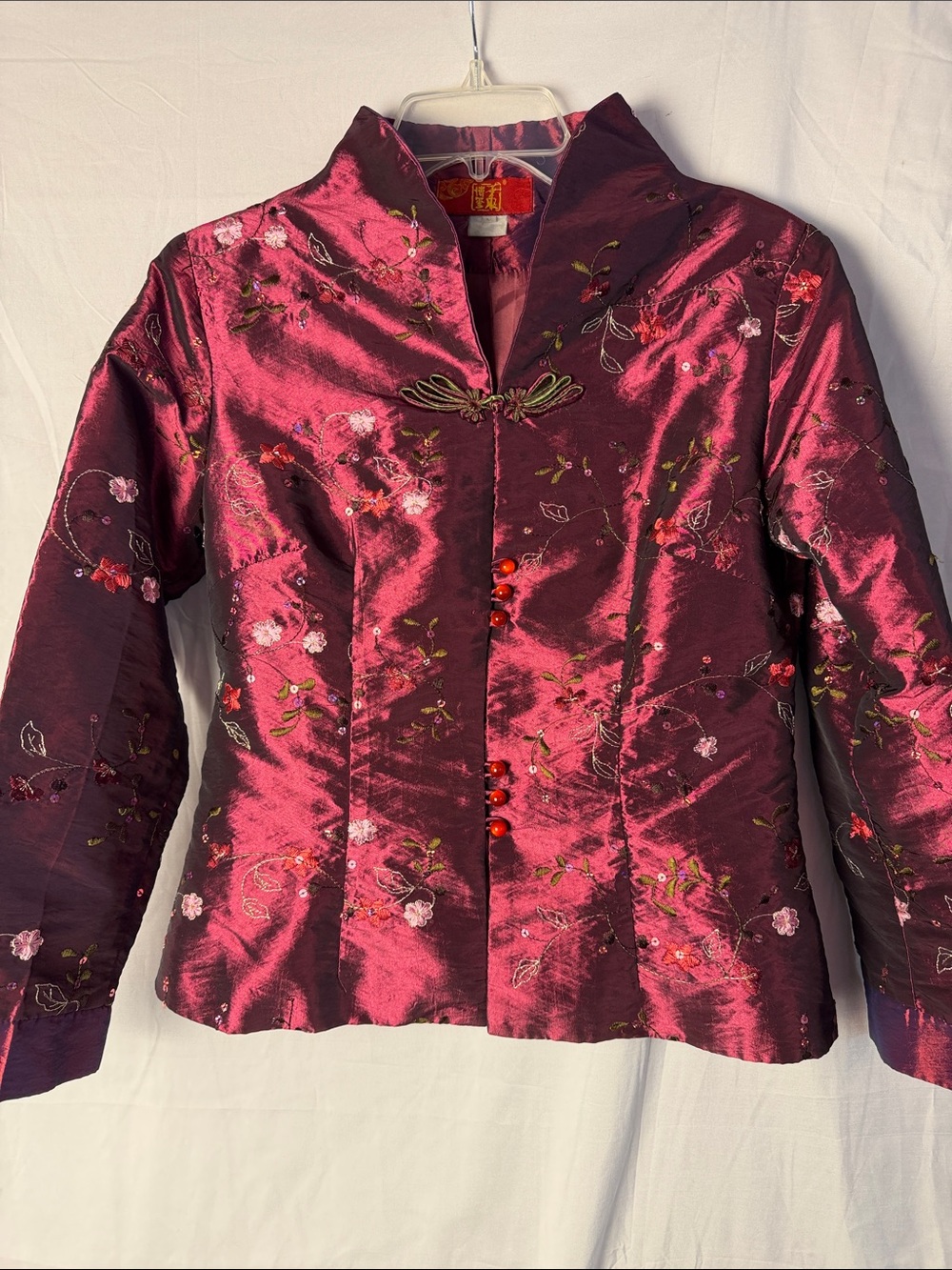 Embroidered Satin Mandarin-Collar Blazer - Burgundy